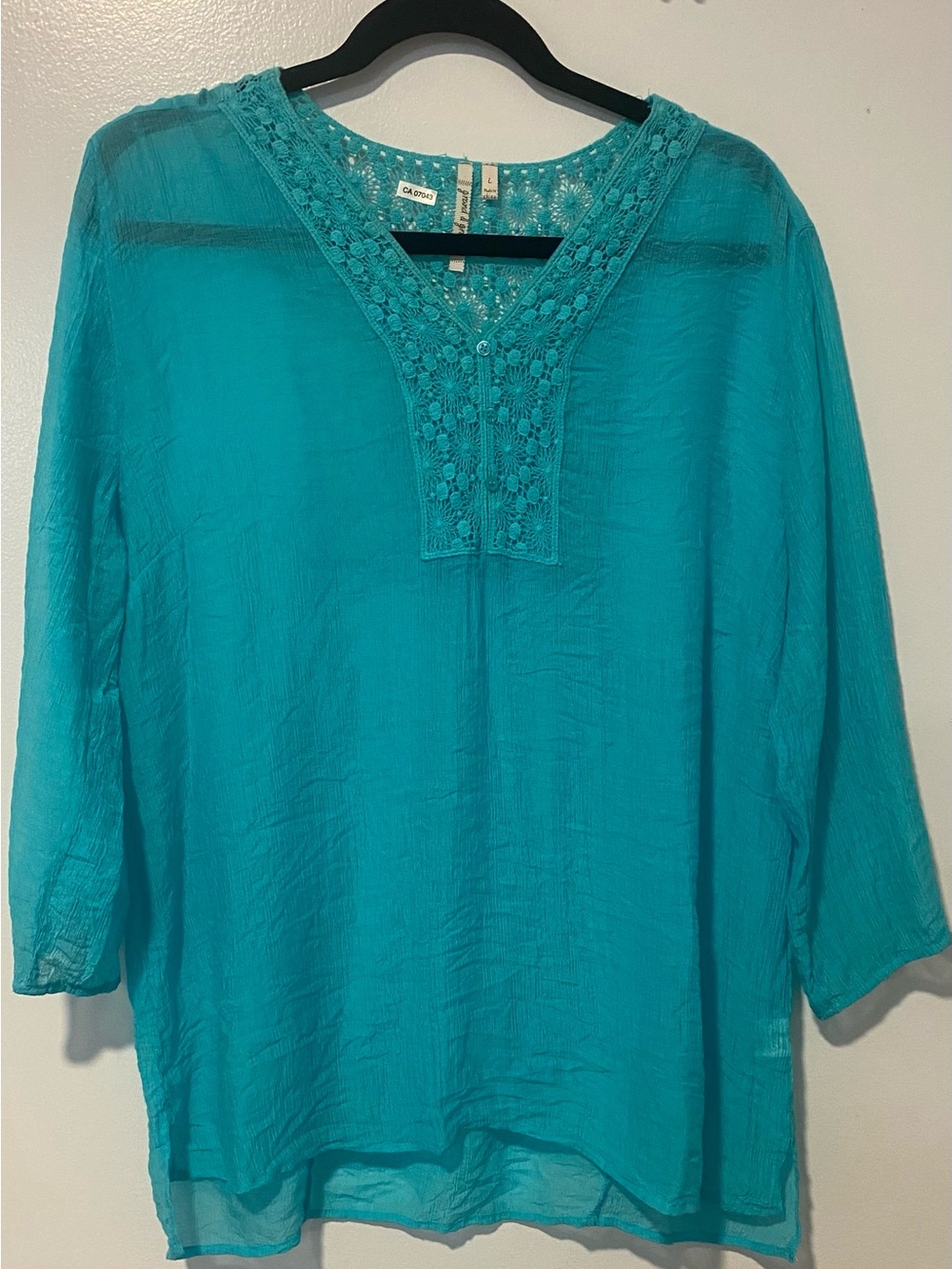 Grand & Greene Lightweight Teal Crochet V-Neck Women's Top
